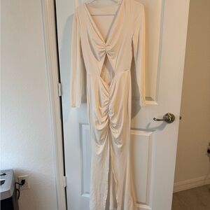 Chic Long Sleeve Cream Dress with Twist Detail